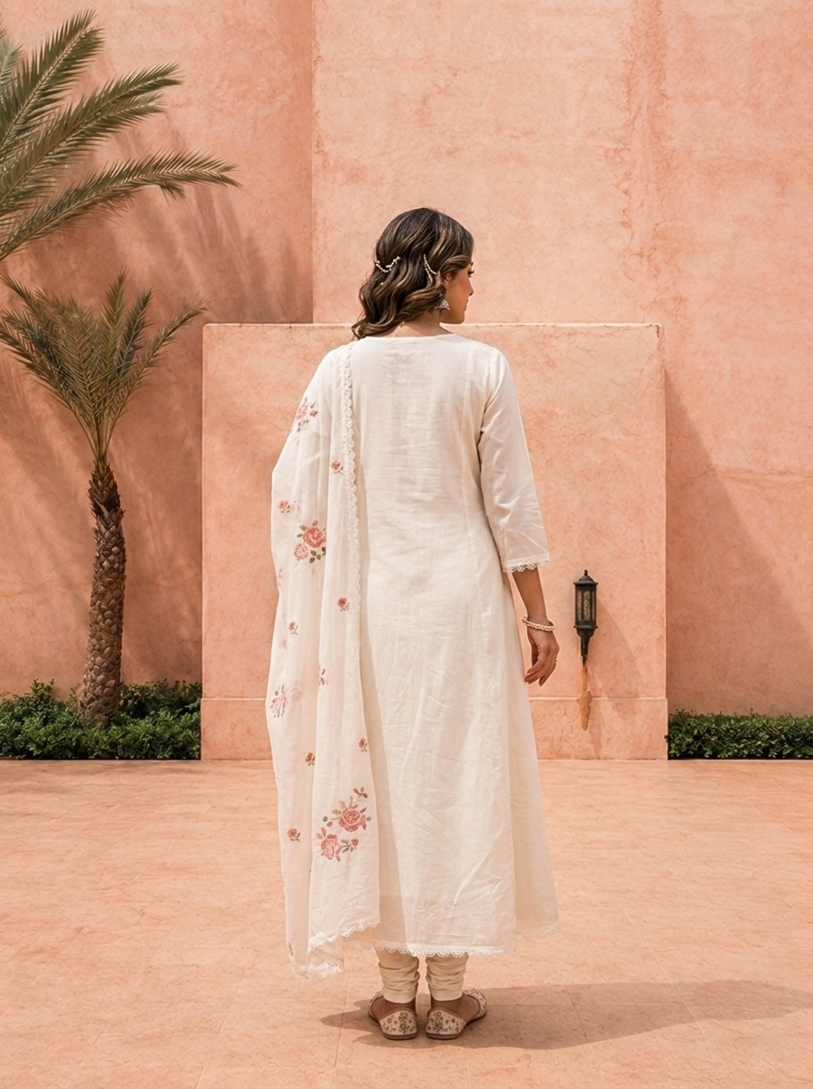 White Pleated Design And Thread Embroidery Three Piece Set