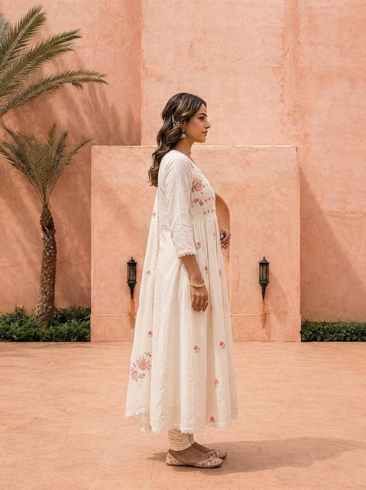 White Pleated Design And Thread Embroidery Three Piece Set
