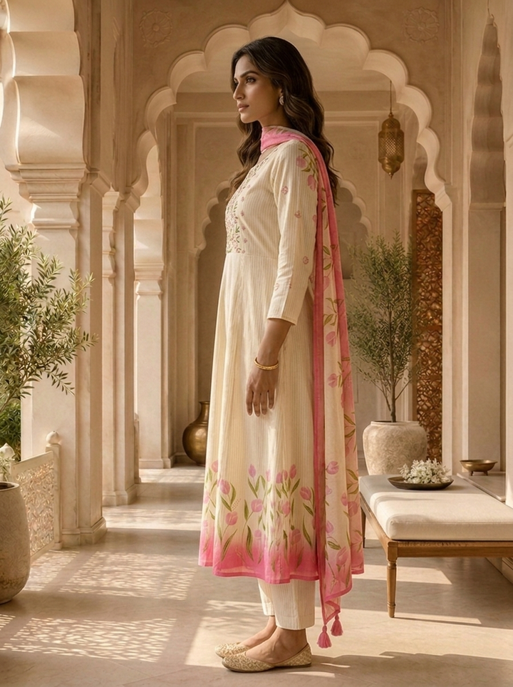 Cream And Pink Stripe Printed And Floral Thread Embroidery Three Piece Set