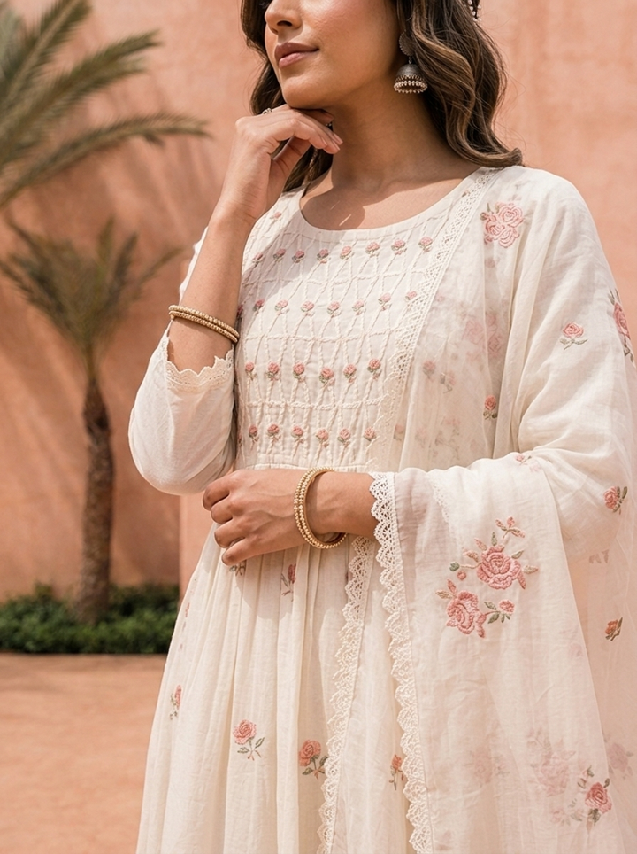 White Pleated Design And Thread Embroidery Three Piece Set