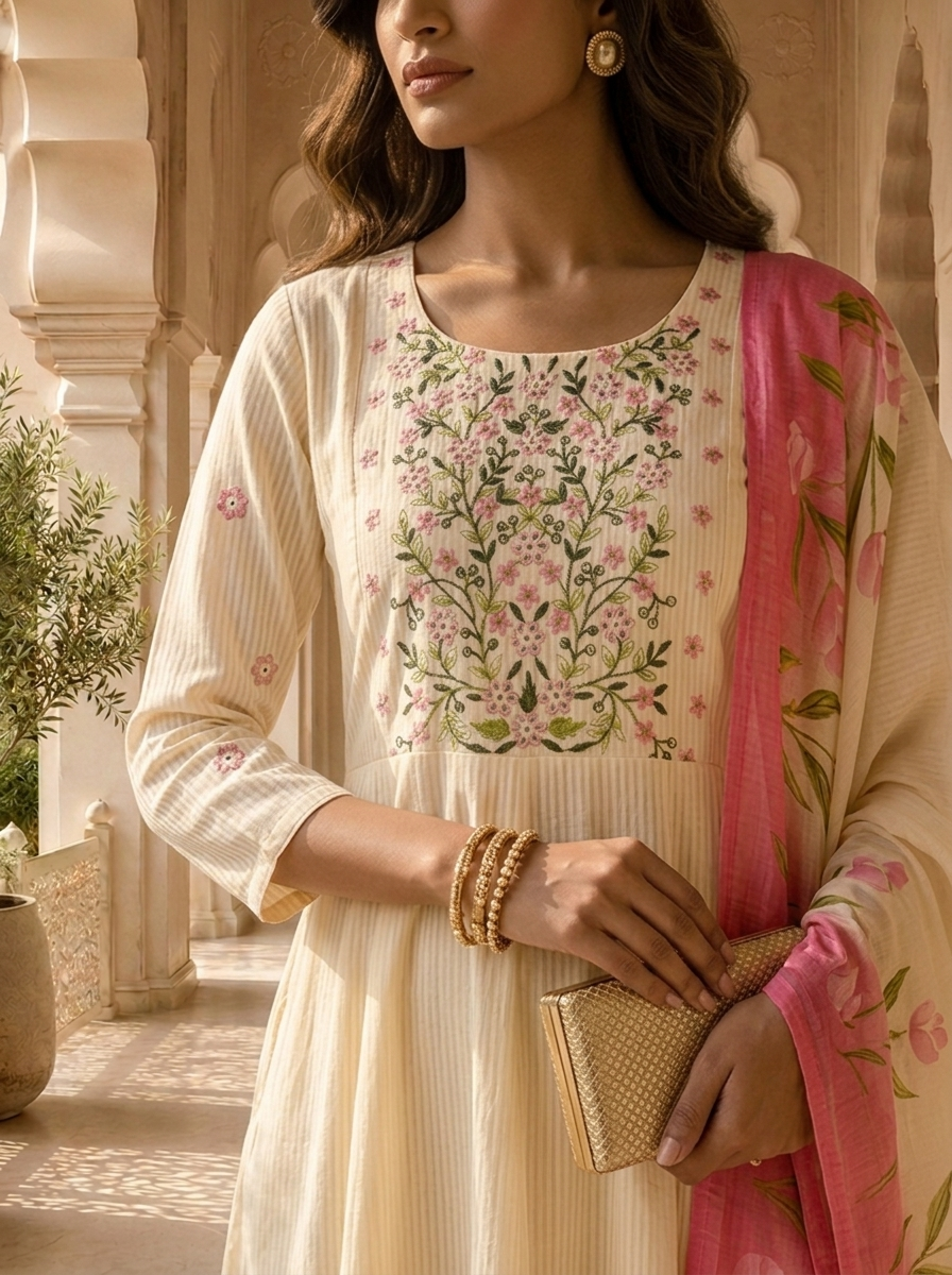Cream And Pink Stripe Printed And Floral Thread Embroidery Three Piece Set