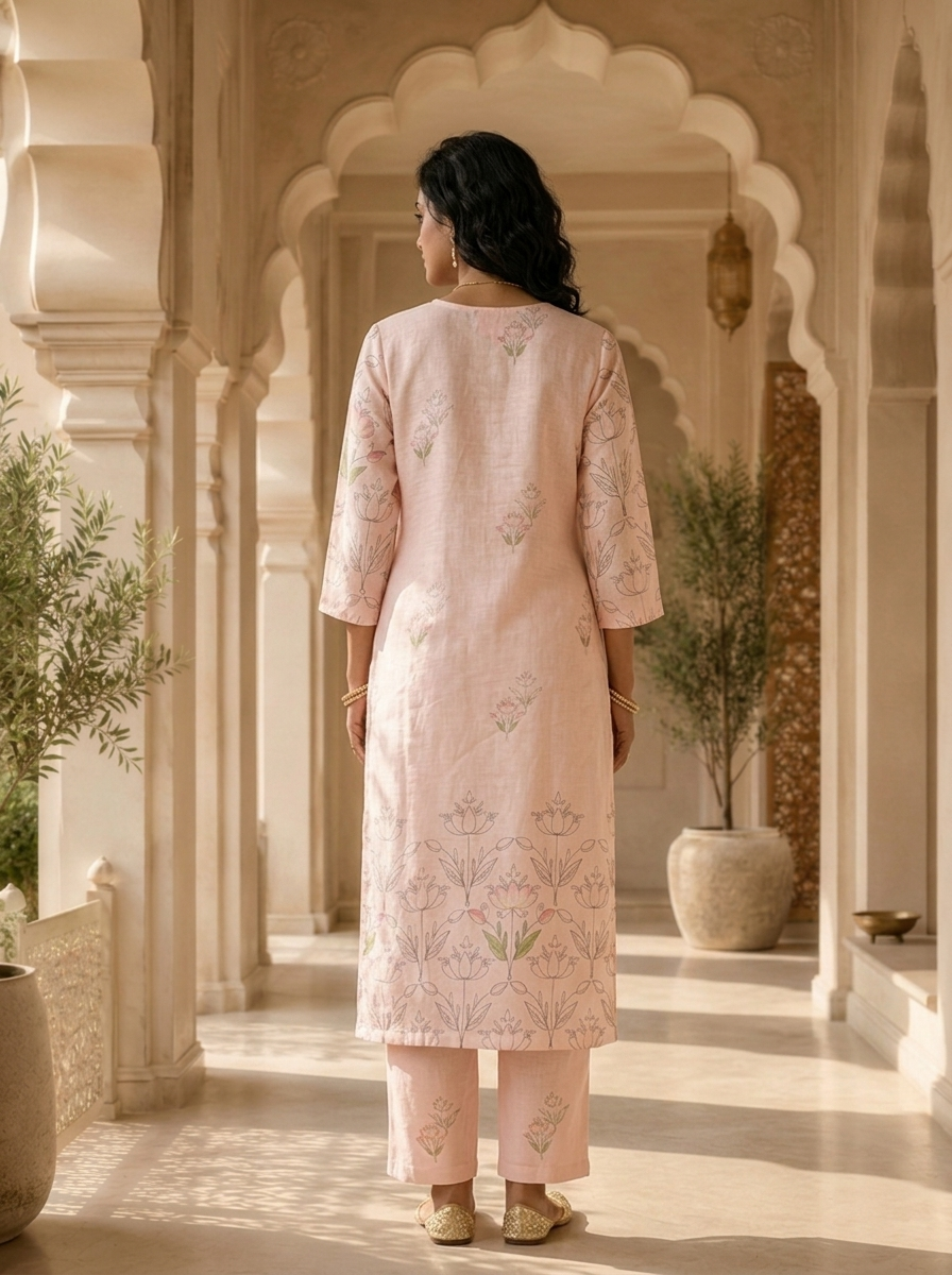 Baby Pink Linen Beads Embroidery And Solid Design Two Piece Set