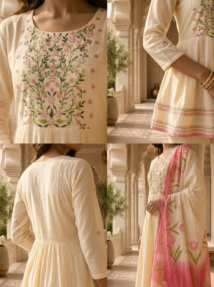 Cream And Pink Stripe Printed And Floral Thread Embroidery Three Piece Set