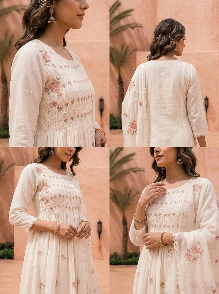 White Pleated Design And Thread Embroidery Three Piece Set
