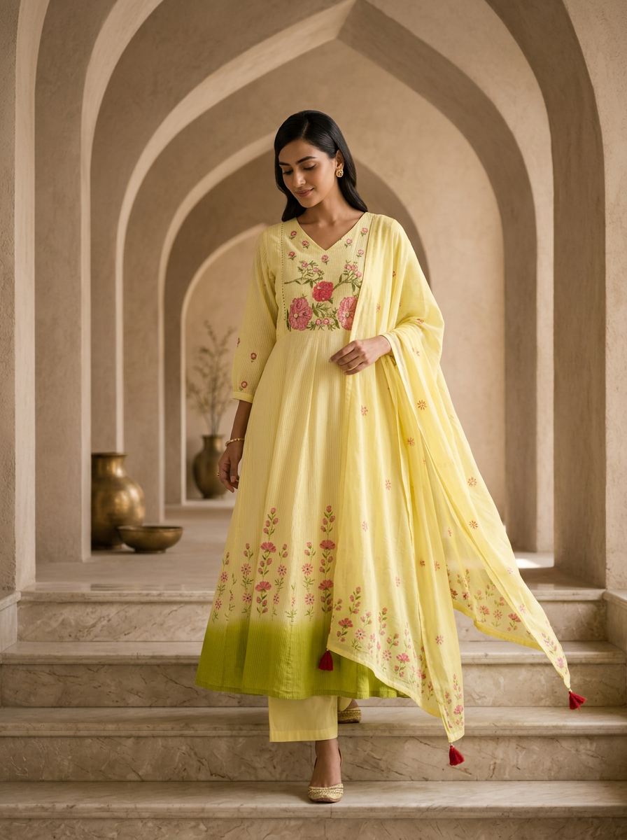 Lemon Cotton Floral Hand Thread Embroidery Three Piece Set