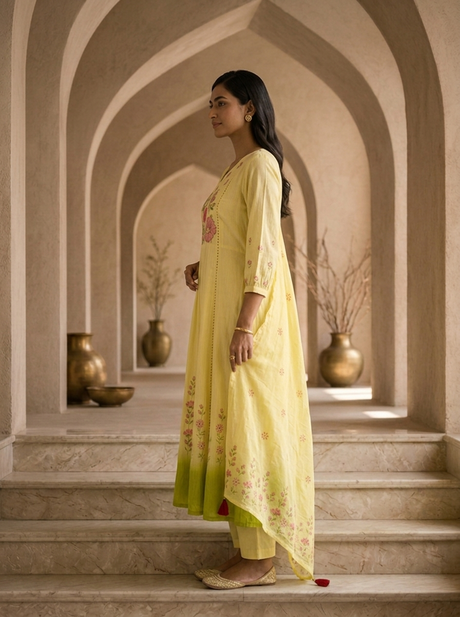 Lemon Cotton Floral Hand Thread Embroidery Three Piece Set