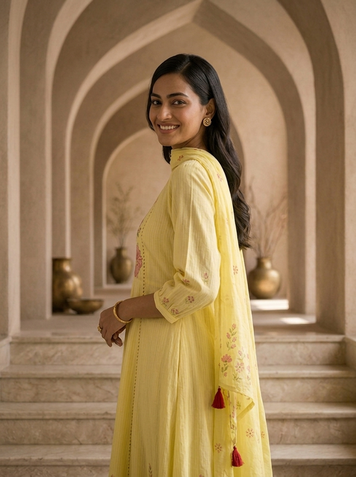 Lemon Cotton Floral Hand Thread Embroidery Three Piece Set
