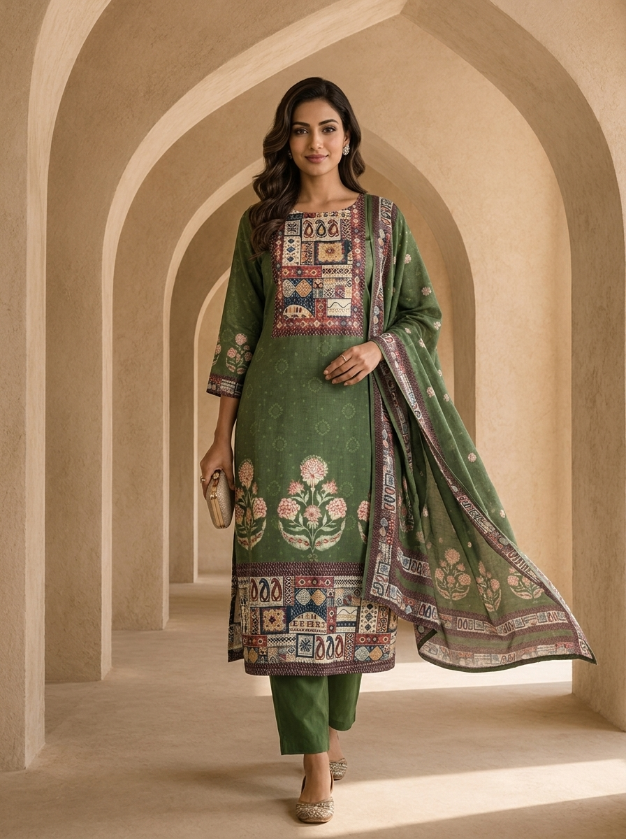 Olive Digital Printed And Solid Design Rayon Three Piece Set