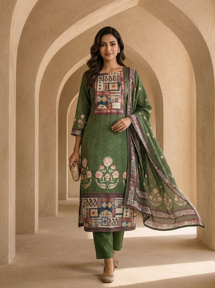 Olive Digital Printed And Solid Design Rayon Three Piece Set