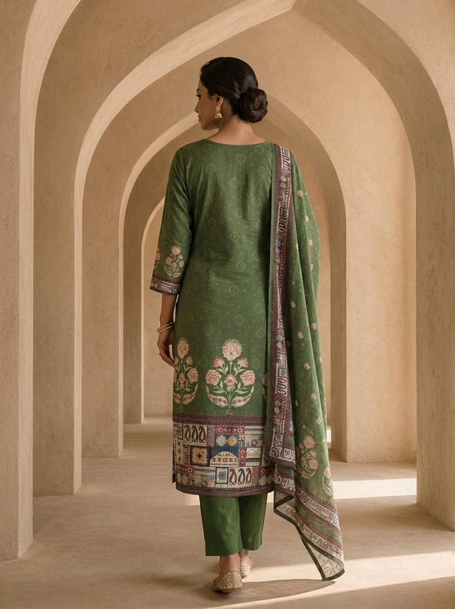 Olive Digital Printed And Solid Design Rayon Three Piece Set