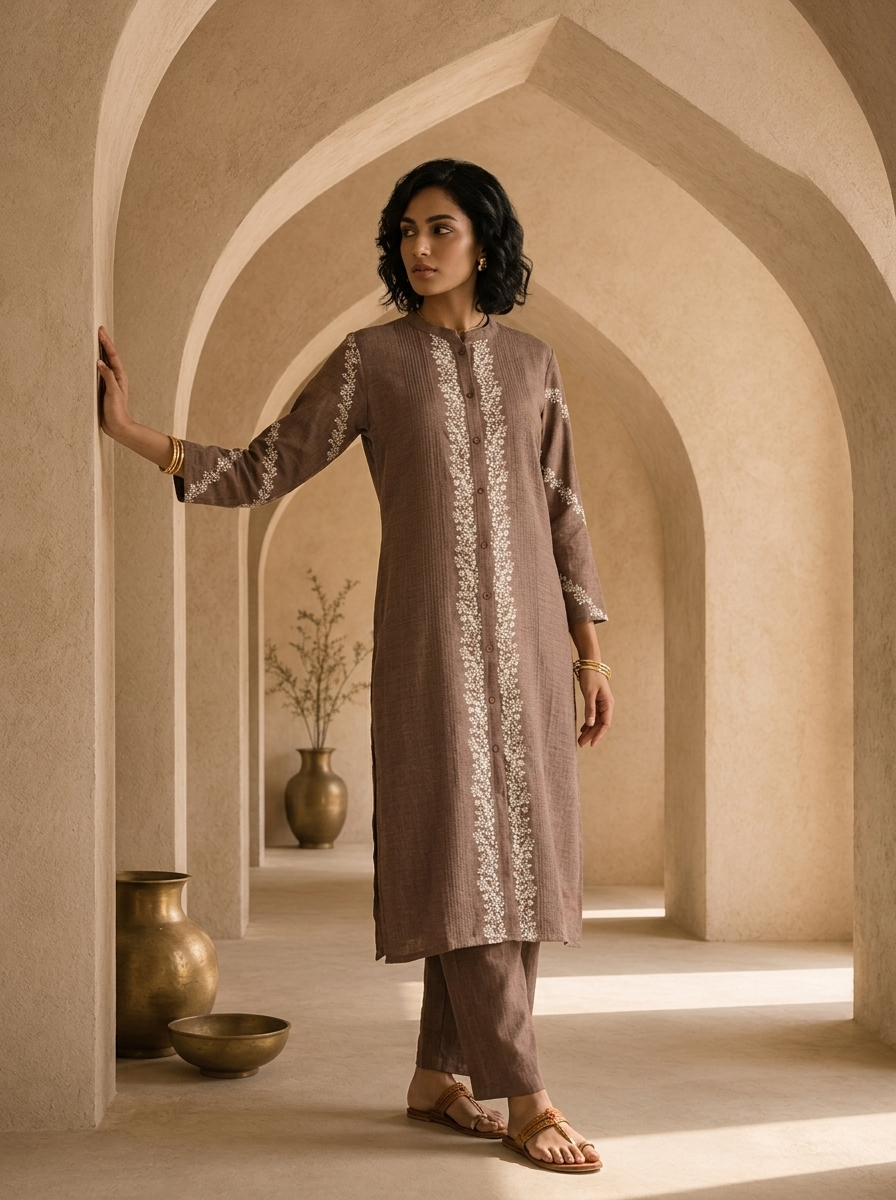 Brown Thread Embroidered Rayon Two Piece Set