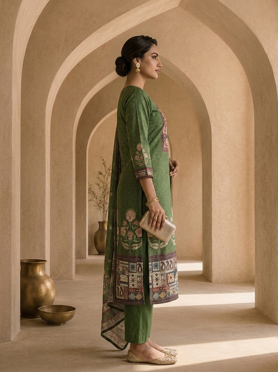 Olive Digital Printed And Solid Design Rayon Three Piece Set