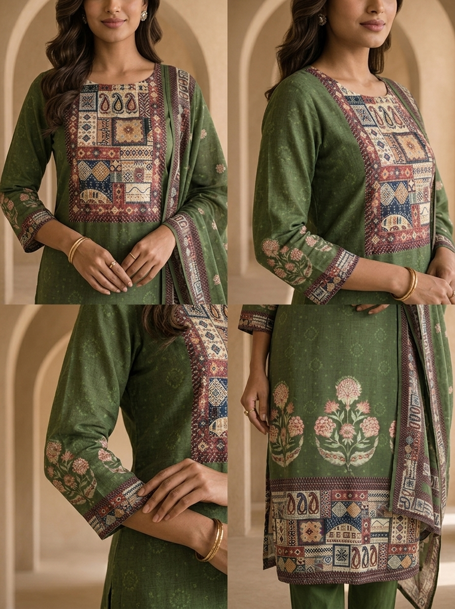 Olive Digital Printed And Solid Design Rayon Three Piece Set