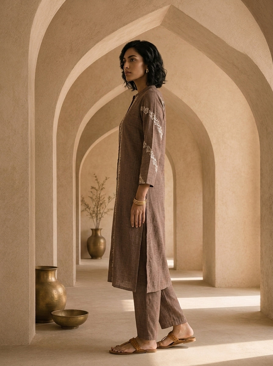 Brown Thread Embroidered Rayon Two Piece Set