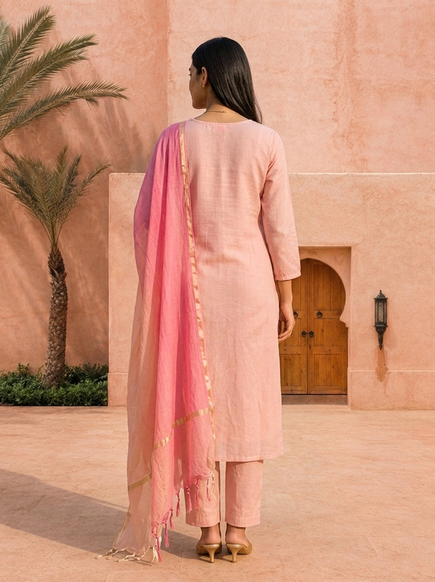 Baby Pink Chanderi Beads And Thread Embroidery Three Piece Set