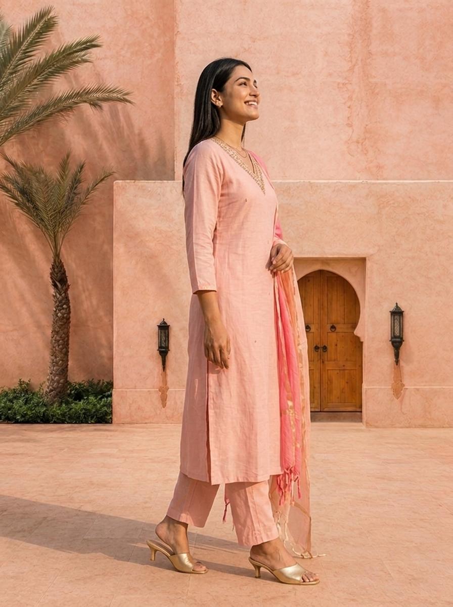 Baby Pink Chanderi Beads And Thread Embroidery Three Piece Set