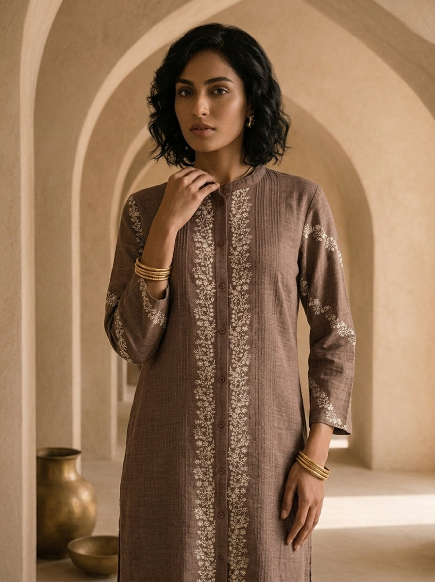 Brown Thread Embroidered Rayon Two Piece Set