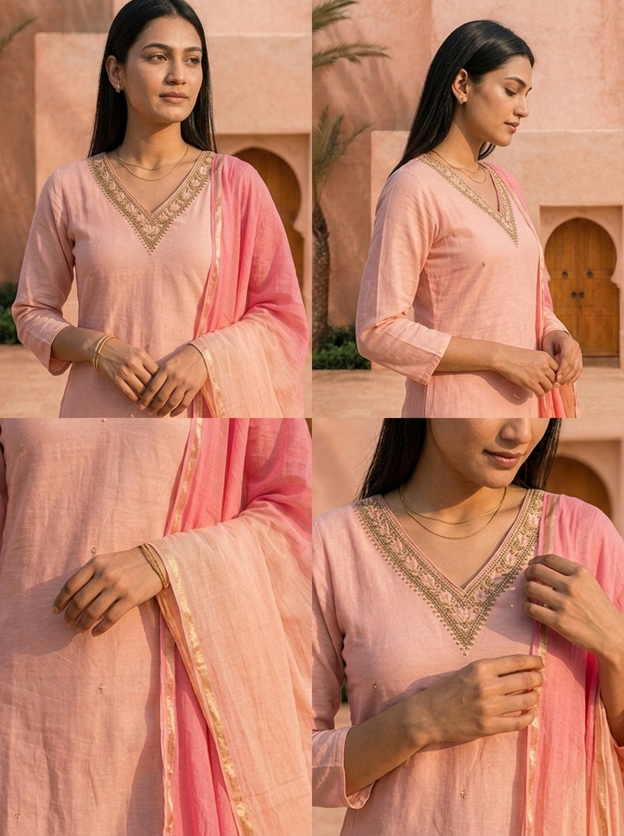 Baby Pink Chanderi Beads And Thread Embroidery Three Piece Set