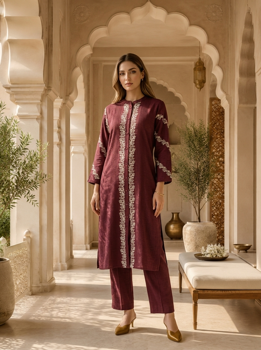 Wine Thread Embroidered Rayon Two Piece Set
