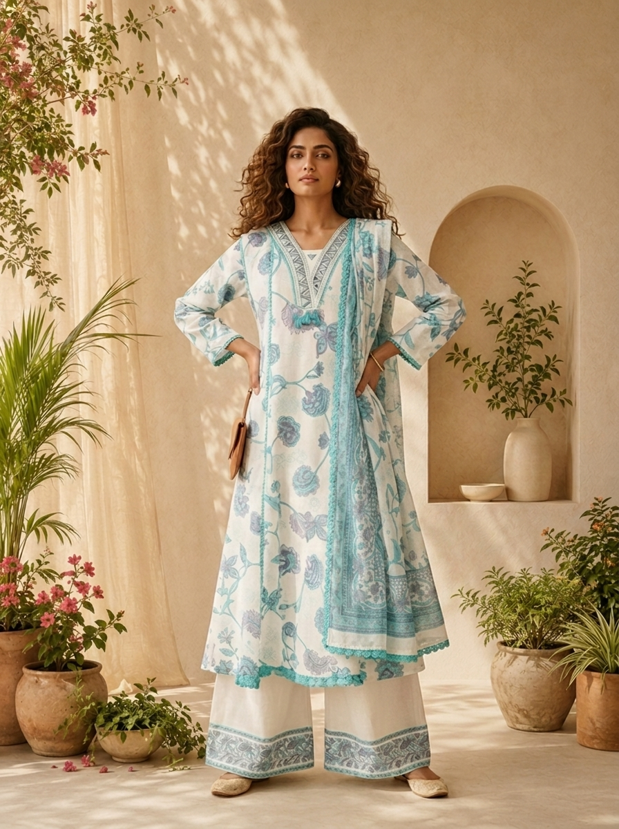 White And Ferozi Floral Printed And Patch Embroidery Three Piece Set