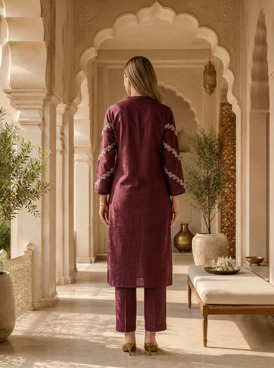 Wine Thread Embroidered Rayon Two Piece Set