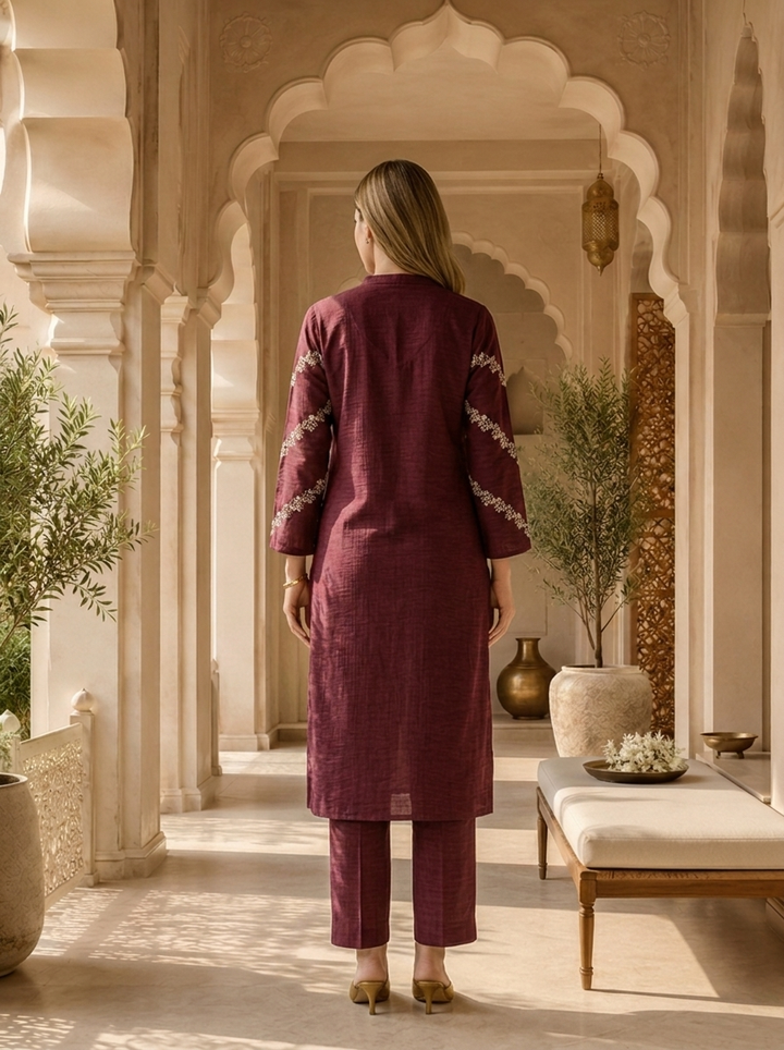 Wine Thread Embroidered Rayon Two Piece Set