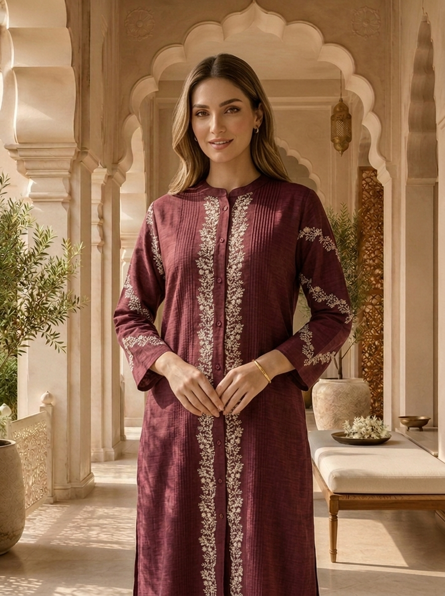Wine Thread Embroidered Rayon Two Piece Set