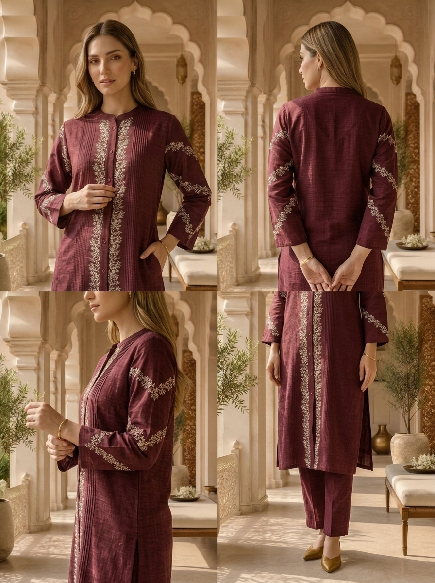 Wine Thread Embroidered Rayon Two Piece Set