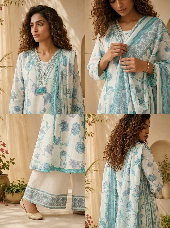 White And Ferozi Floral Printed And Patch Embroidery Three Piece Set