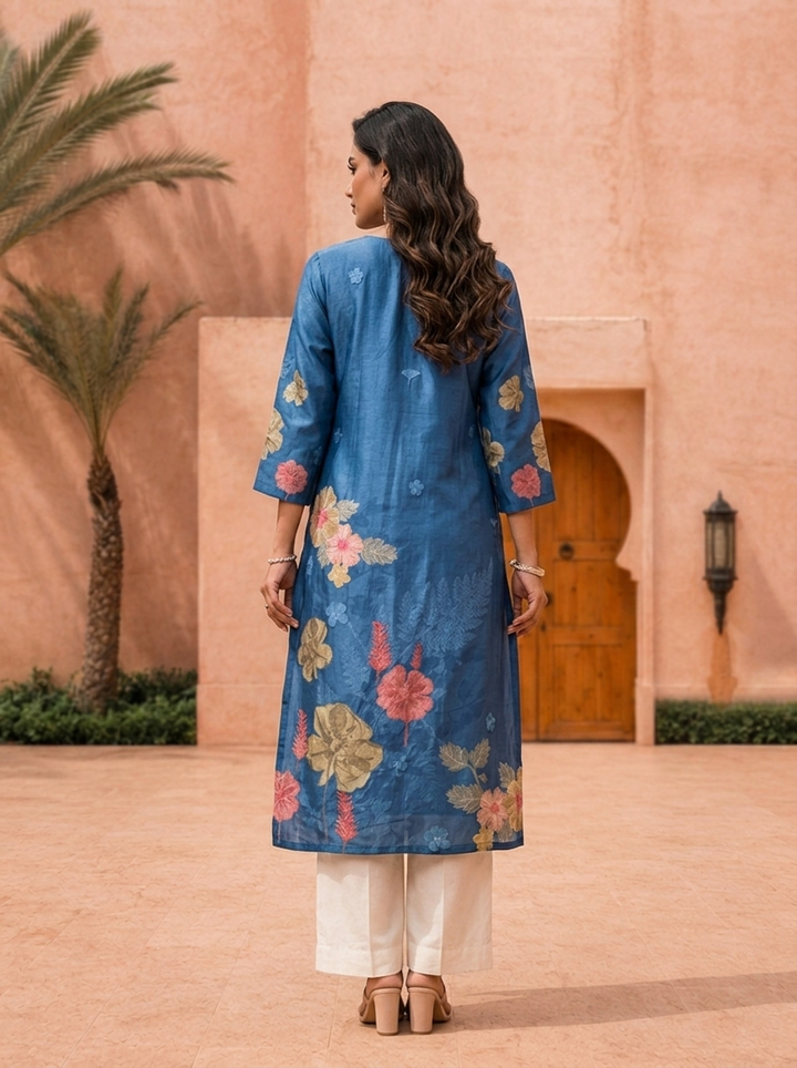 Blue Floral Digital Printed Straight Kurta