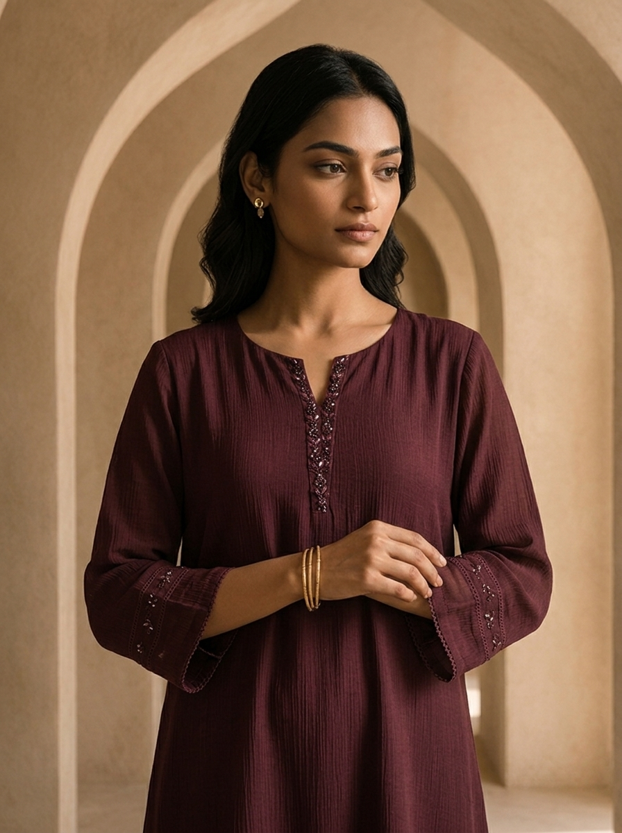 Wine Hand Embroidery And Solid Design Chinon Kurta