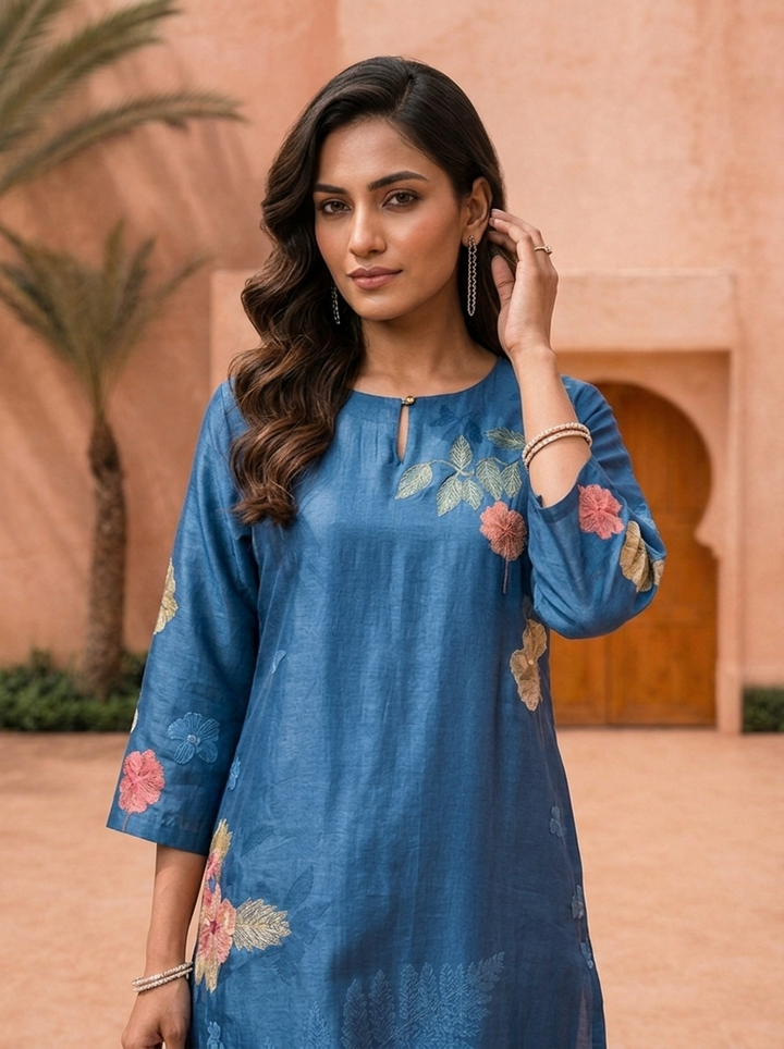 Blue Floral Digital Printed Straight Kurta
