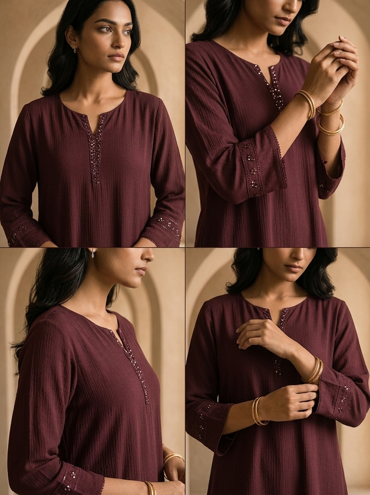 Wine Hand Embroidery And Solid Design Chinon Kurta