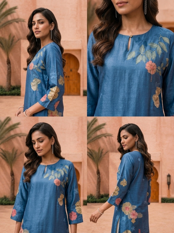 Blue Floral Digital Printed Straight Kurta