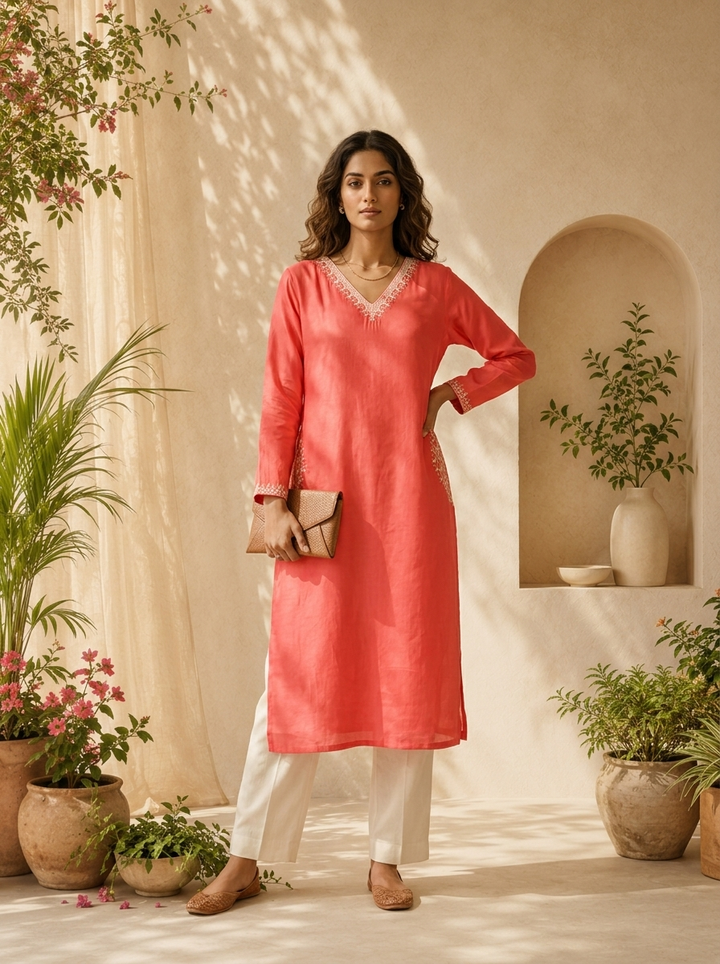 Tomato Modal Hand Thread Embroidery Kurta