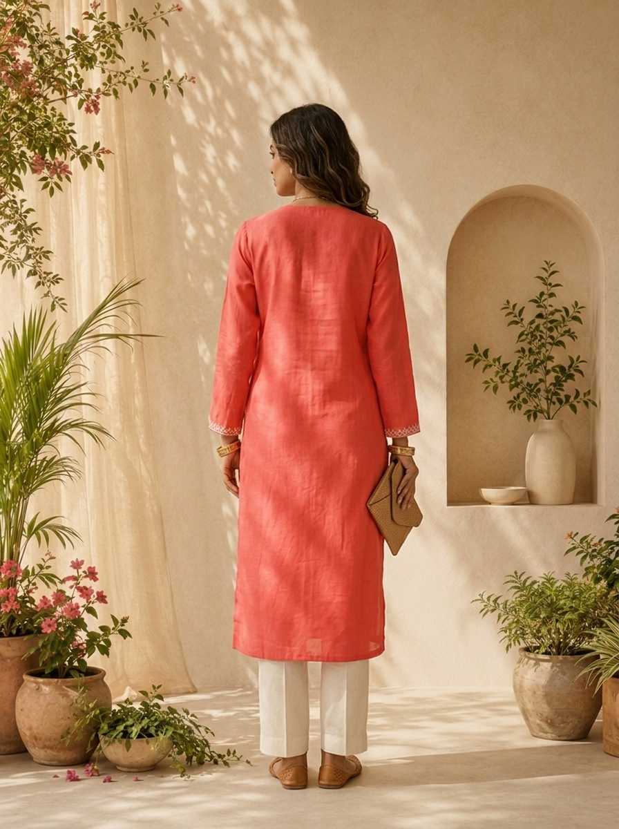Tomato Modal Hand Thread Embroidery Kurta