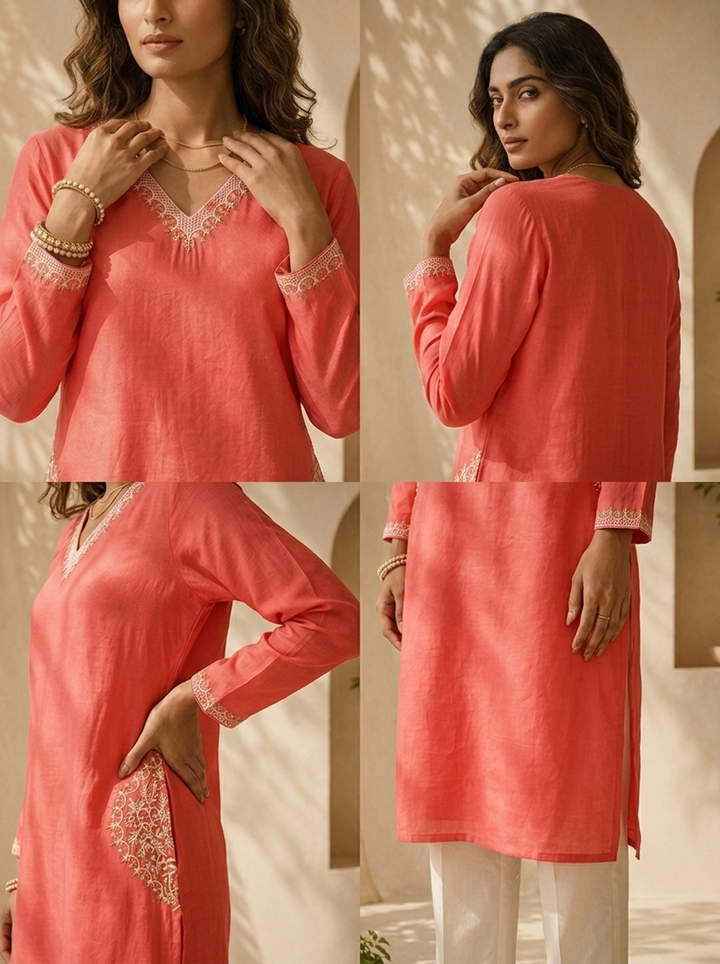 Tomato Modal Hand Thread Embroidery Kurta