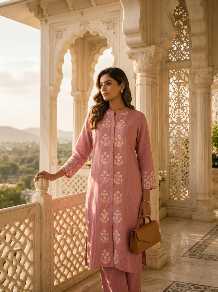 Lilac Rayon Ethnic Floral Embroidery Two Piece Set