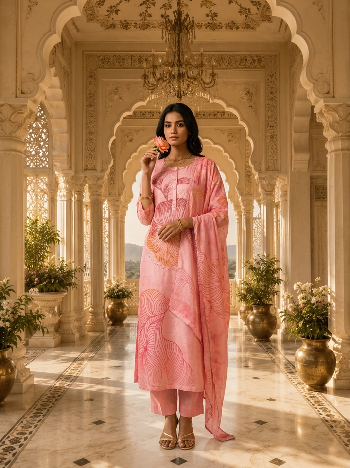 Baby Pink Rayon Floral Printed Three Piece Set