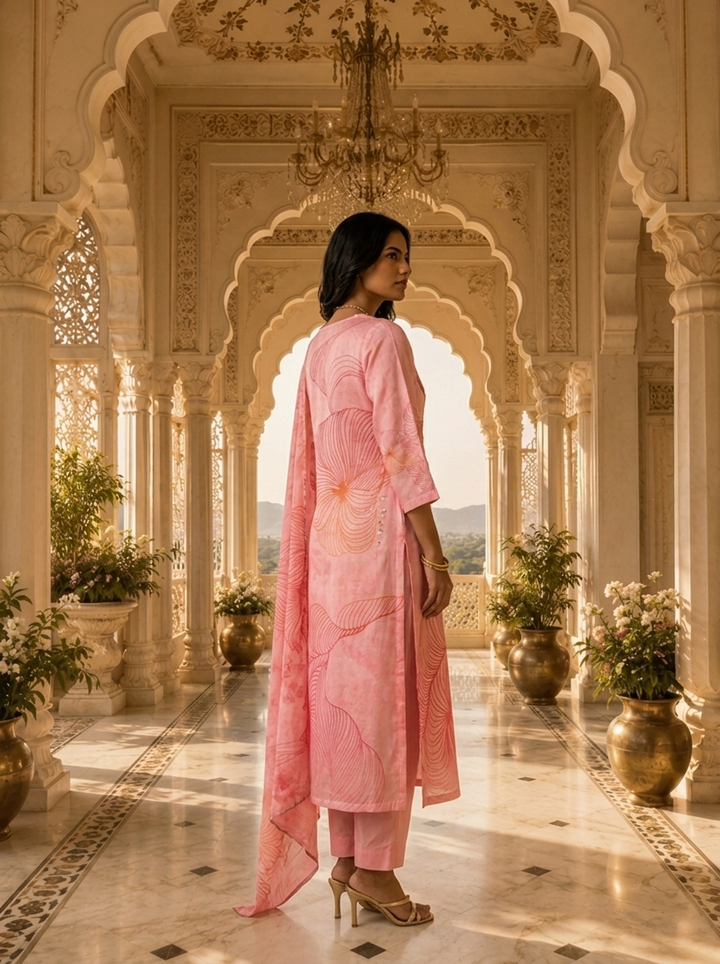 Baby Pink Rayon Floral Printed Three Piece Set