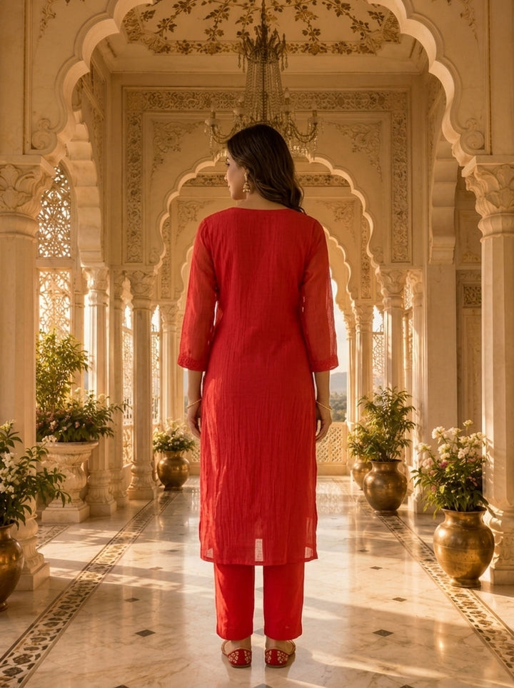 Bright Red Cotton Embroidery Three Piece Set
