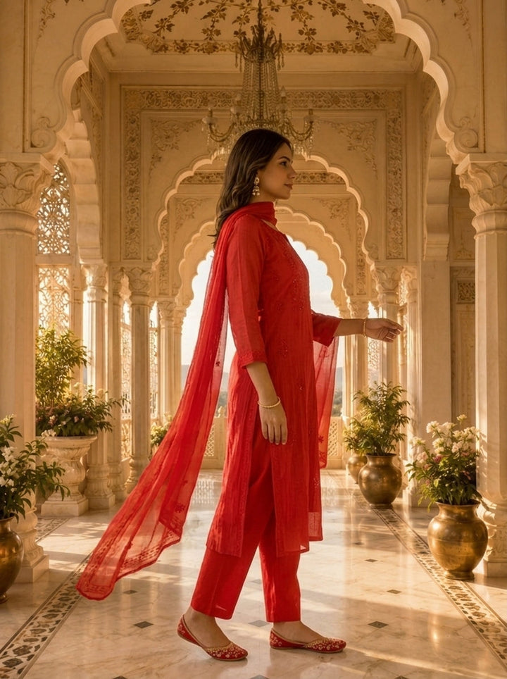 Bright Red Cotton Embroidery Three Piece Set