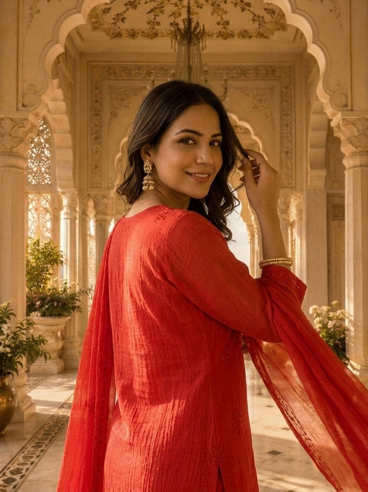 Bright Red Cotton Embroidery Three Piece Set
