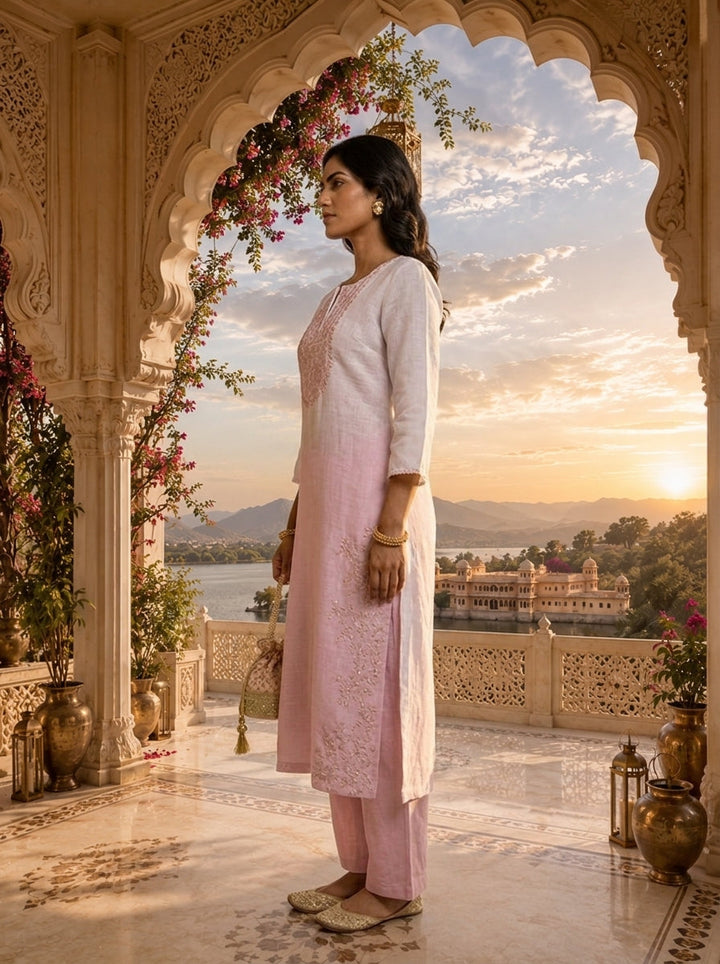White And Baby Pink Linen Hand Embroidery Two Piece Set