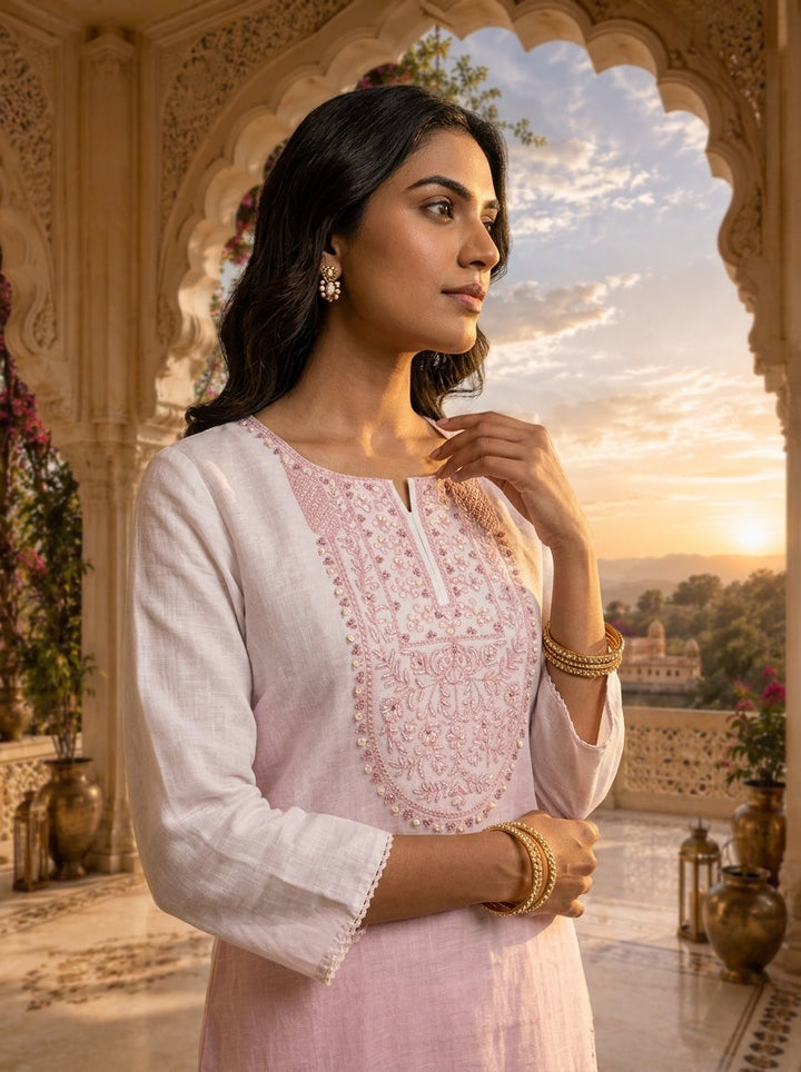 White And Baby Pink Linen Hand Embroidery Two Piece Set