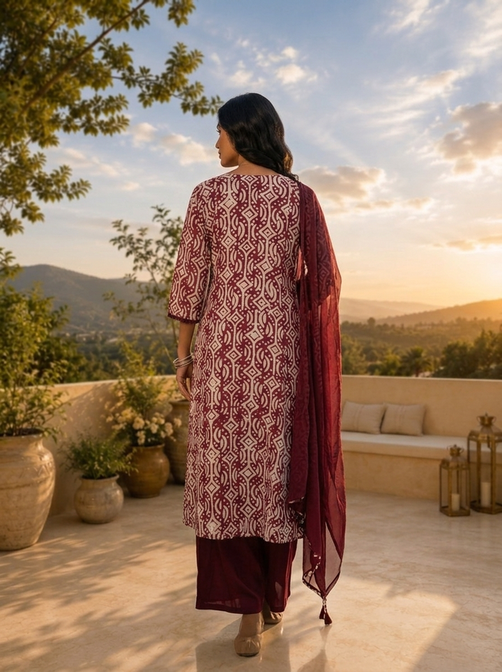 Maroon And White Organza Hand Block Printed Three Piece Set