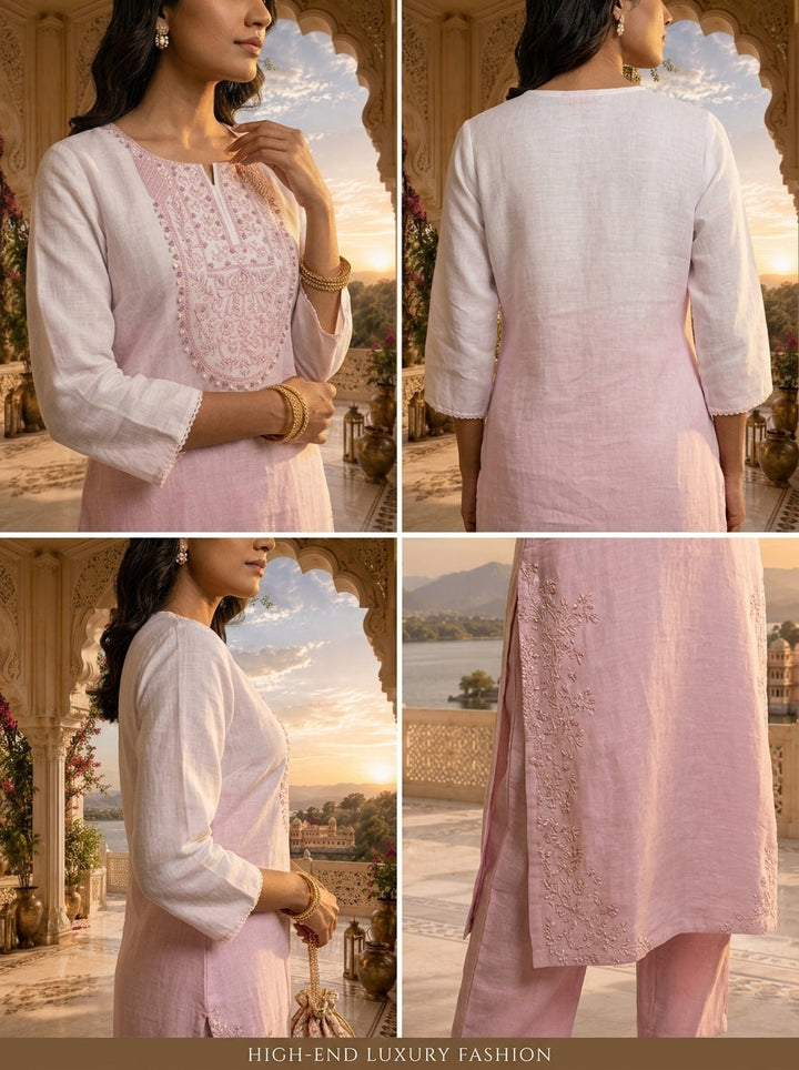 White And Baby Pink Linen Hand Embroidery Two Piece Set