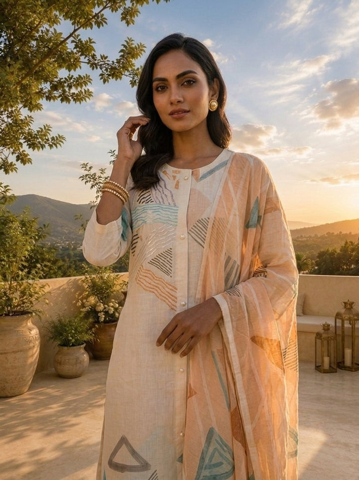 Off White Linen Geometric Printed Three Piece Set