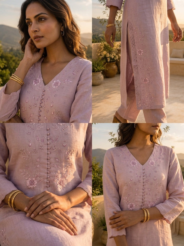 Lilac Linen Floral Ombre Embroidery Two Piece Set