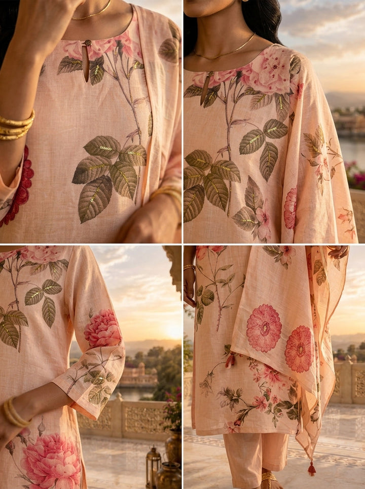 Peach Linen Botanical Printed Three Piece Set
